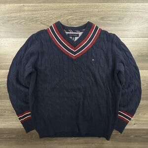 Vintage Tommy Hilfiger Sweater Mens XL Cable Knit V Neck Cricket Preppy Pullover